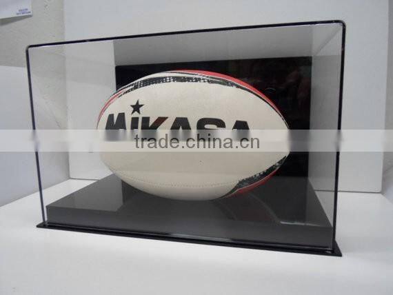 Customized Rugby ball display case full size acrylic with black acrylic base