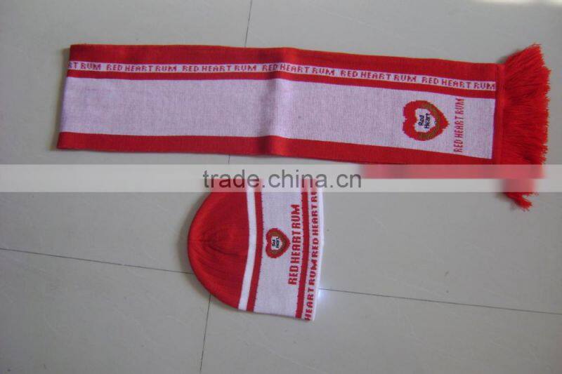promotional customized 100% acrylic red knitted jacquard hat/scarf set with customized logo for adults