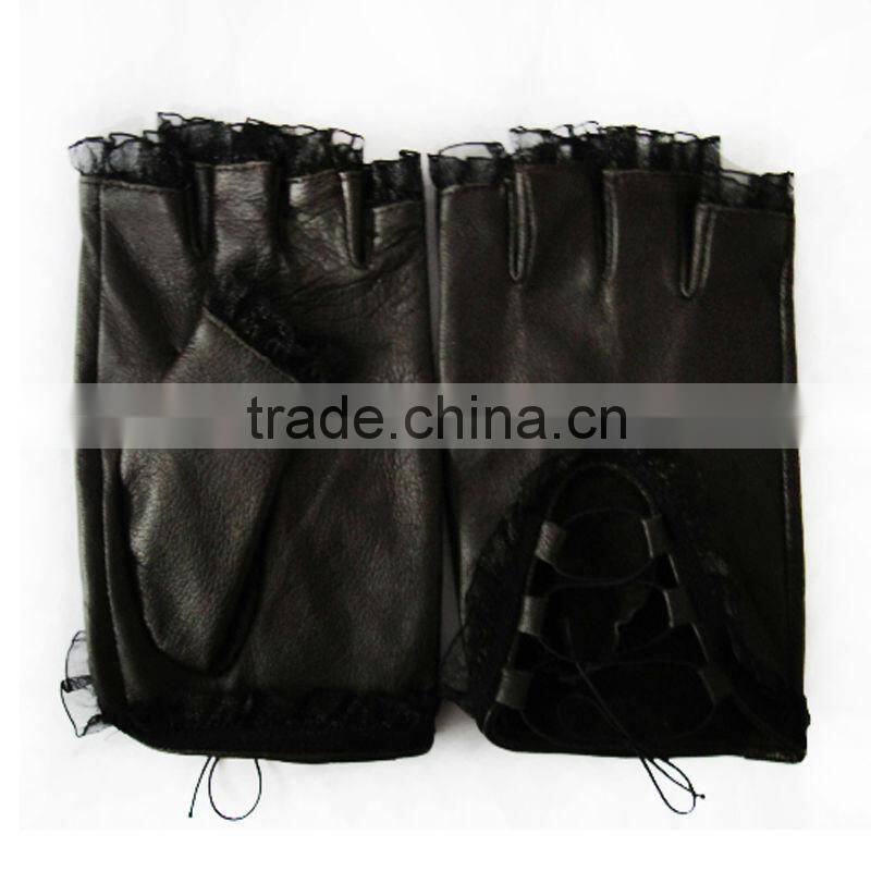 Ladies Motor Driving plain half finger black lace leather gloves