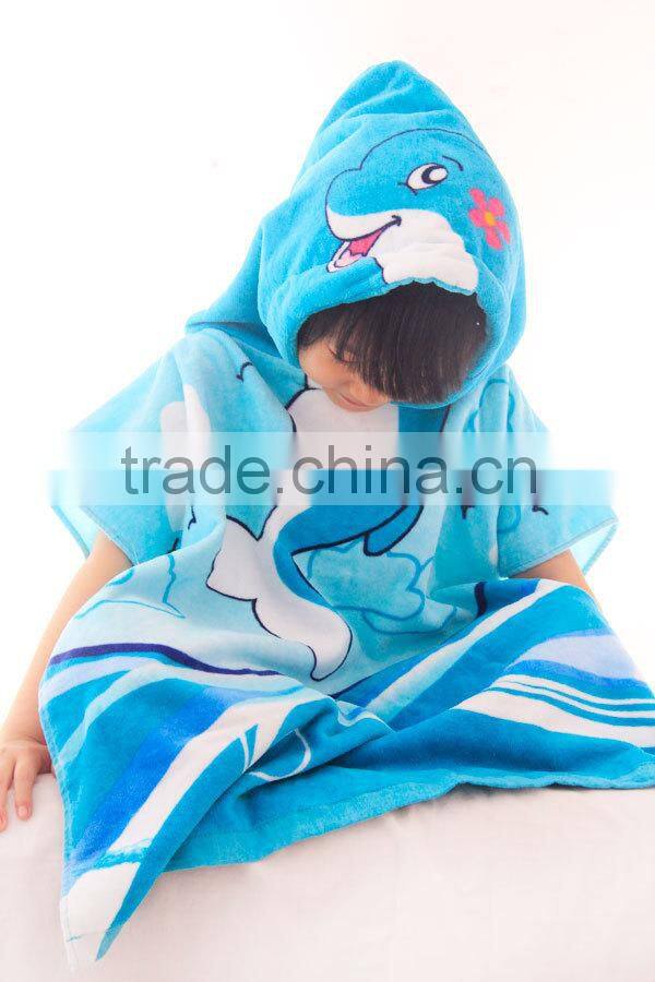 100% Cotton terry velour voyage image printing children hooded towelling poncho