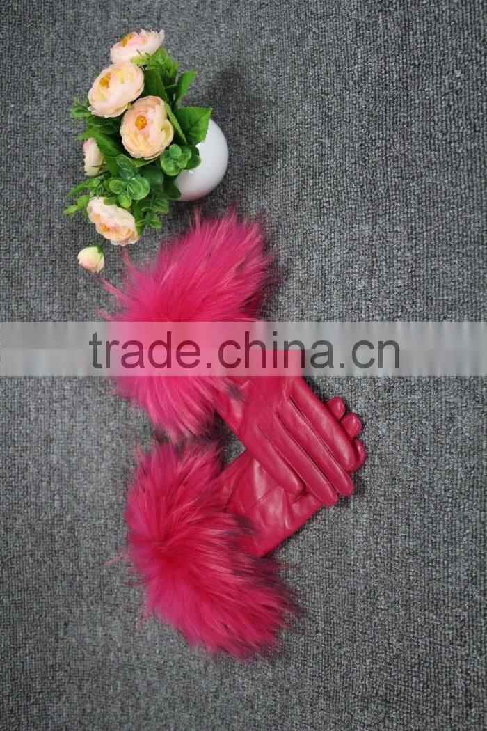 women classic elegant raccoom fur cuff trim sheep leather gloves
