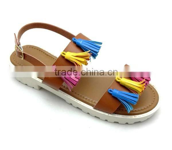 Latest ladies fancy design black pu leathaer flat sandals with ankle tassel strap women summer shoes pictures