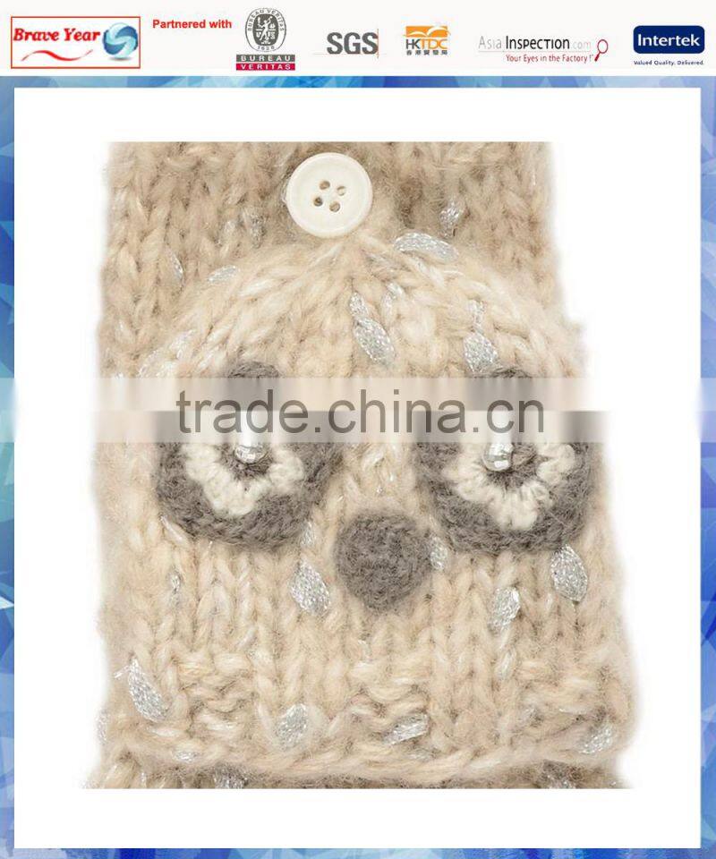 owl capped winter knitting half finger gloves for women