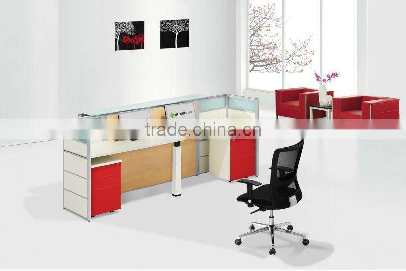 modern wooden reception table with I shaped steel leg