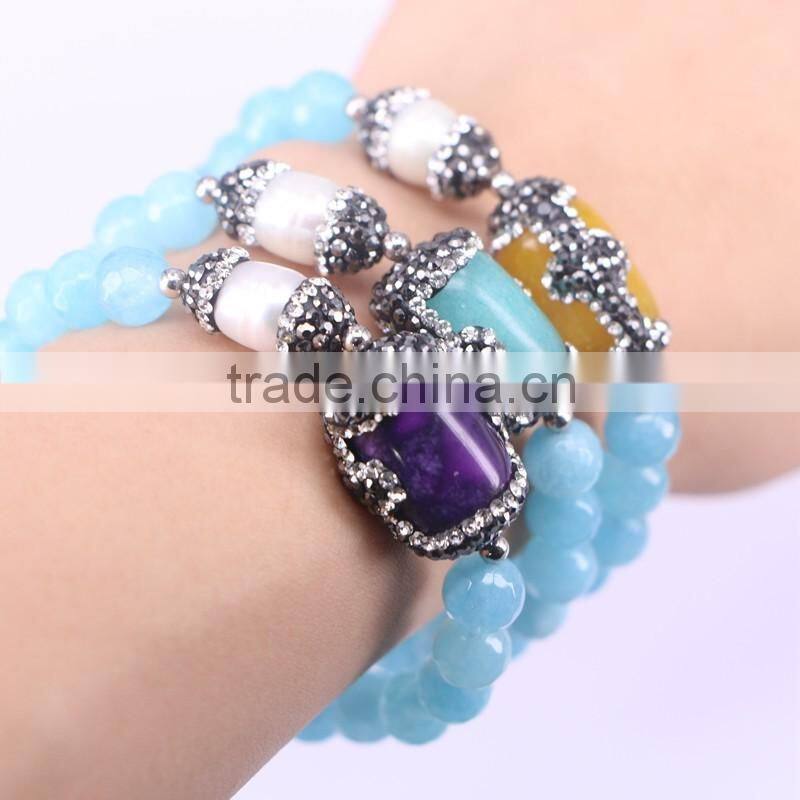Round Facetd Stone Beaded Bracelets with Pave Crystal Nature Pearl And Mix Color Malaysian Jade Jewelry