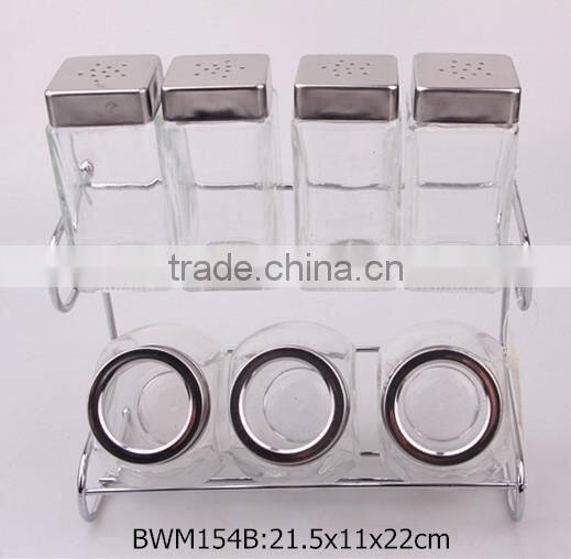 7pcs glass spice jar set with metal rack