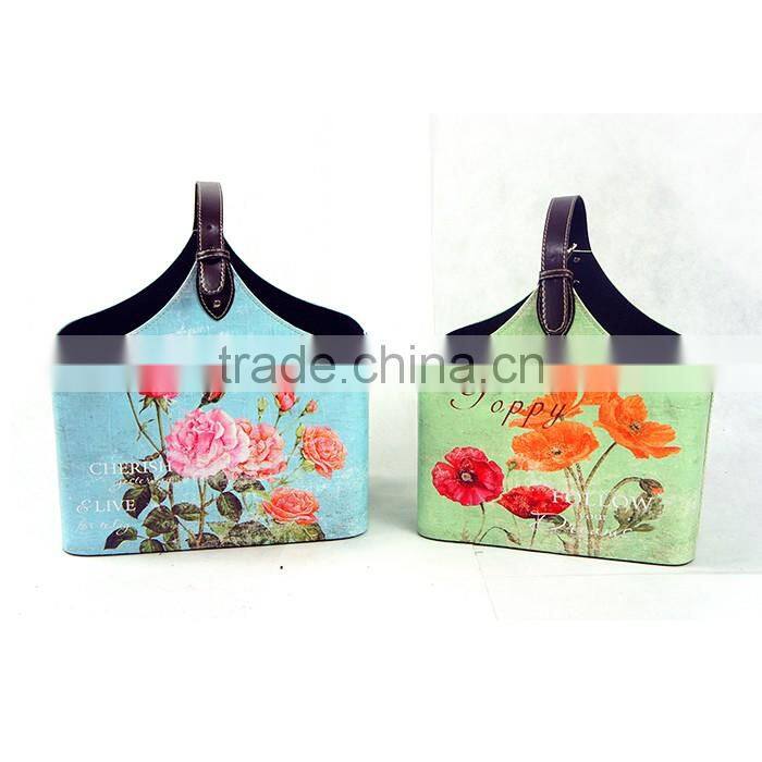 Flower Print Faux Leather Buckle Handle Magazine Newspaper Basket/holder