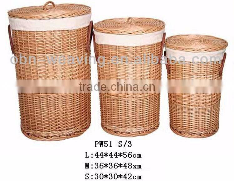 Customized cheap handwoven unique round folding brown wicker laundry basket with cover
