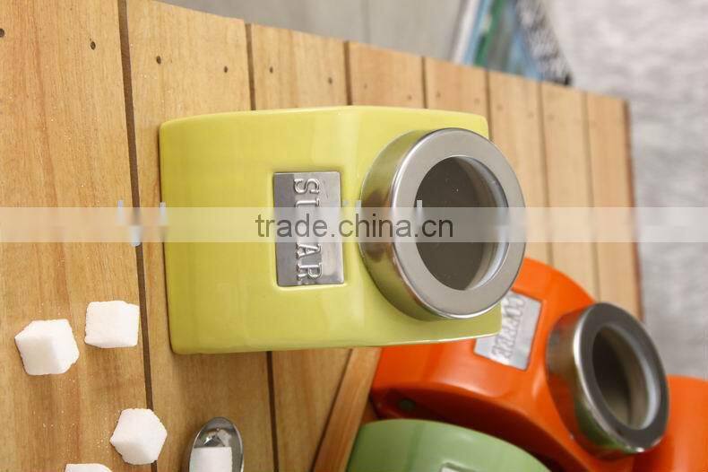 export to turkey colourful ceramic porcelain canister set,ceramic canister,storage jar,ceramic jarwith spoon & bamboo stand