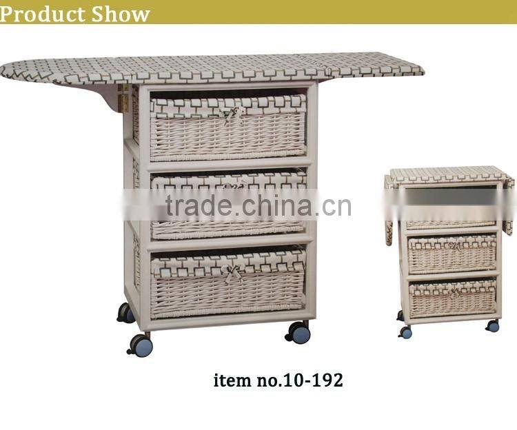 folding wooden ironing board in cabinet
