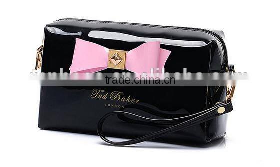 Colorful ladies pu cosmetic bags big canvas comestic pouch with bow and metal logo