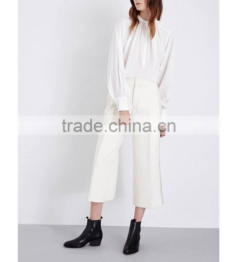Wholesale Women Fashion Band Collar Long Sleeves White Pleated Silk Crepe De chine Blouse(DQE0156T)