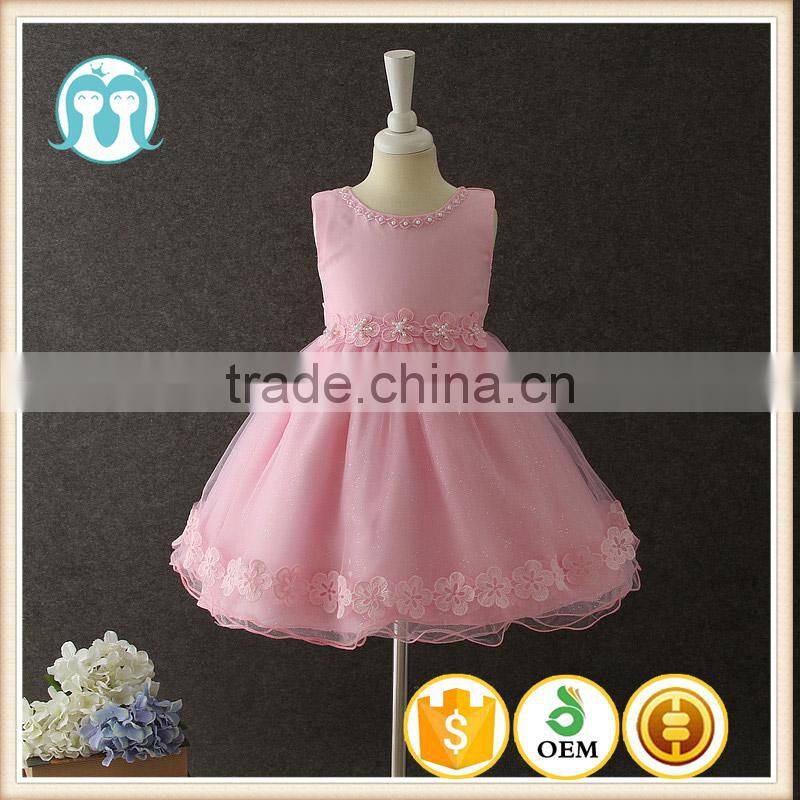 Summer frock designs pictures Baby girls one-piece party dresses Sleeveless Puffy Applique Pink Flower Shiny performance dress