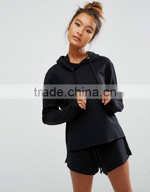 Lounge Raw Cut Hoodie Womens Crop Hoodies Custom Crop Top Black 70% Cotton 30% Polyester Plain Cropped Pullover Hoodie