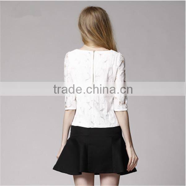 odm manufacturer 2015 summer fashion design round collar half sleeve lace shirt for ladies slim sexy women big size blouses