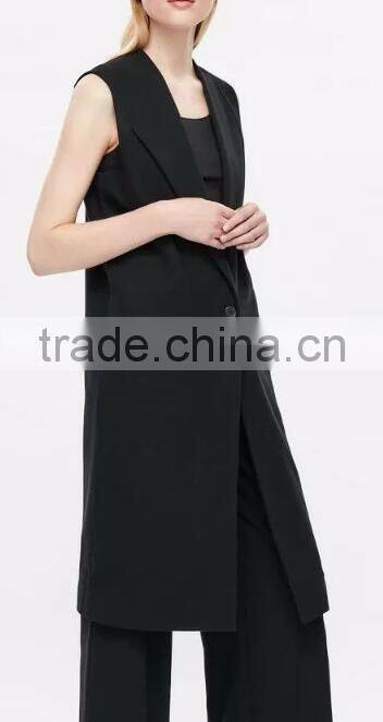 Runwaylover EY1064C 2017 Fancy Design Women Black Sleeveless Longline Blazer