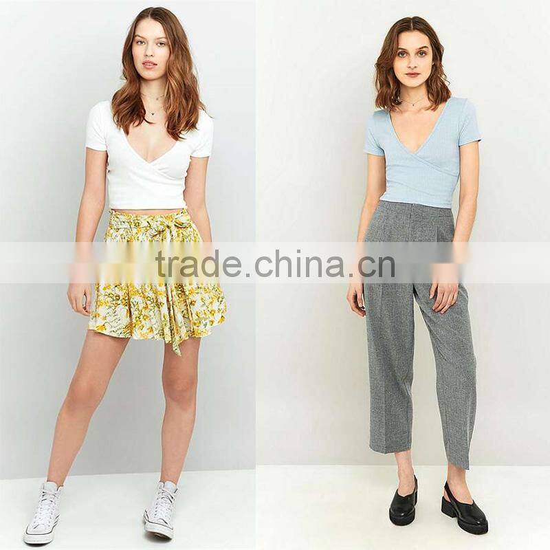 2017 ladies ribbed deep v-neck short sleeves ballet wrap crop cami tops