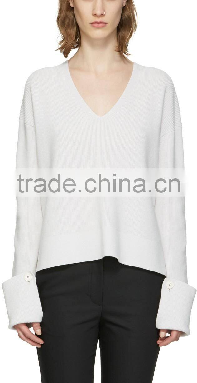 Women Wearing Sexy Design V Neck Blank White Sweater with Rolled Cuffs with Buttons