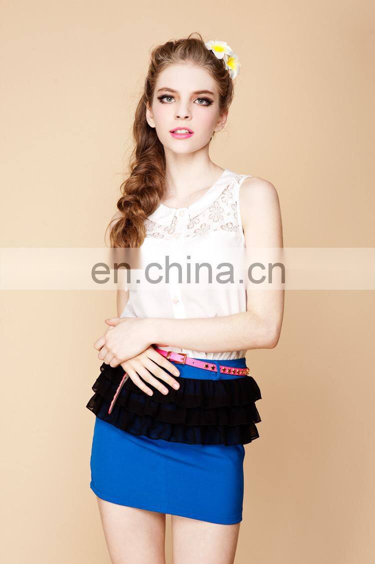 2013lastest design blue splicing with black three layer chiffon like agaric casual skirt