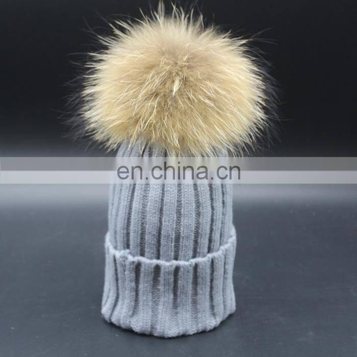 Hot Sell Cute Winter Hats Natural Raccoon Fur Pompom Beanie Cap with Ball Top Knitted Crochet Kid Hat