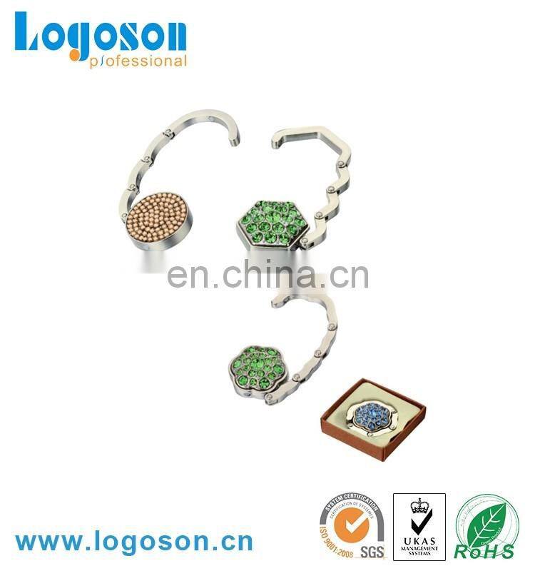 Promotional fashion crystal rhinstone custom metal round shaped bag hanger hook