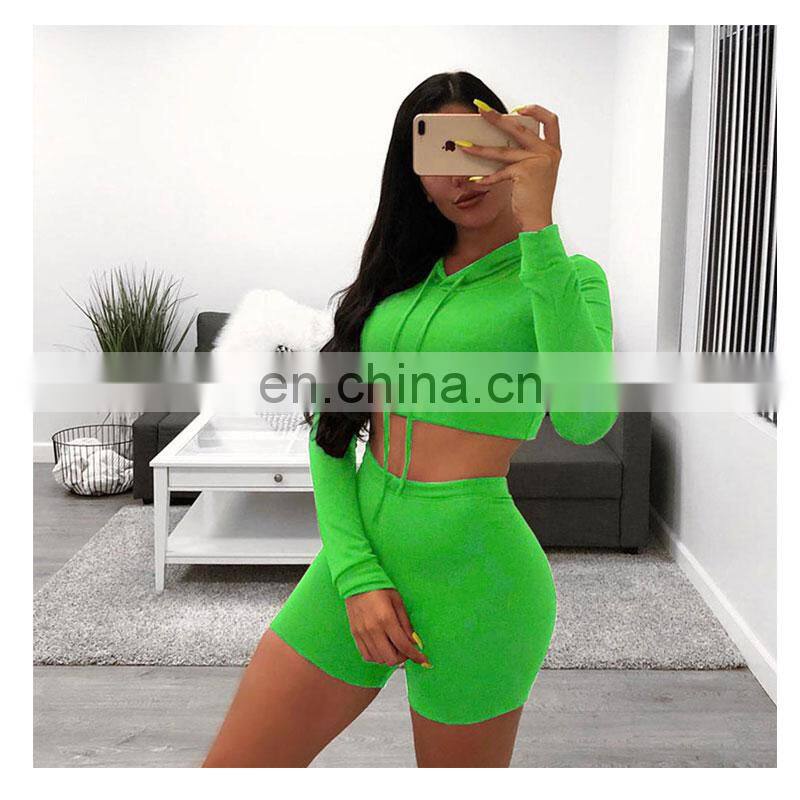 Manufacturer wholesale women's casual sexy hooded shorts sports fitness 2-piece suit custom hoodie crop top