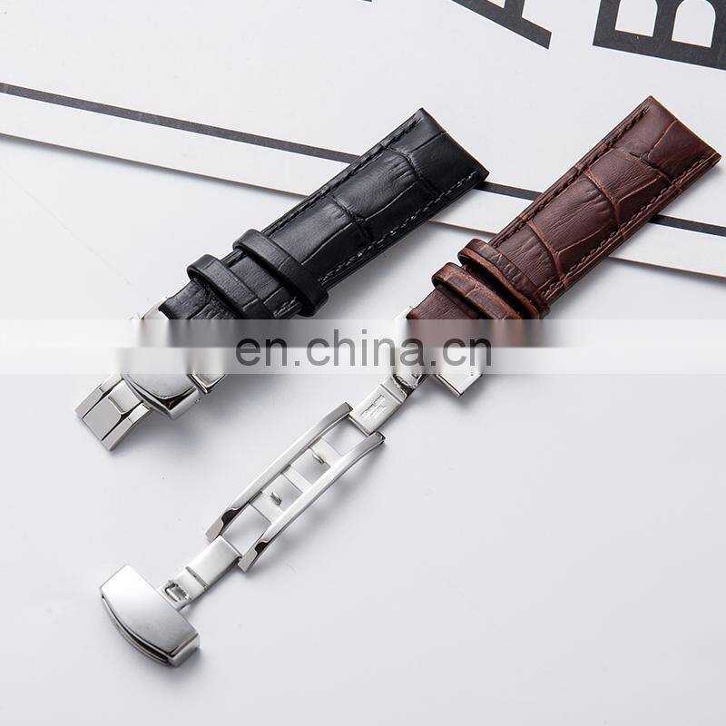 High Quality Genuine Leather Watch Bands Strap Stainless Steel Butterfly Single Snap Buckle Watch Accessories