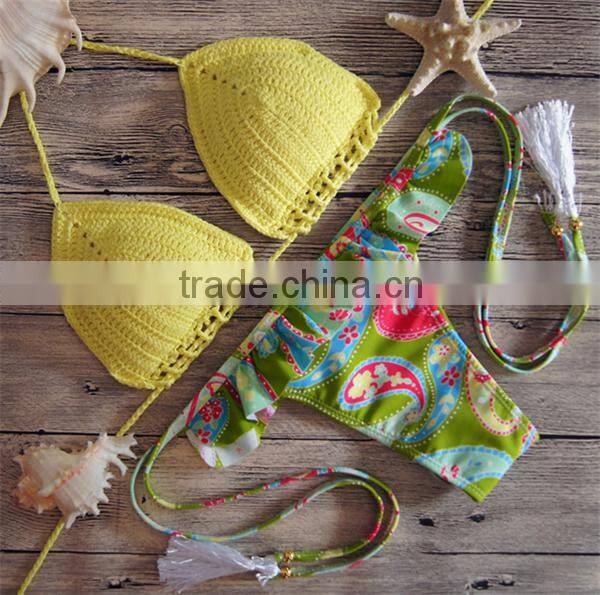 Women Summer Vintage Crochet Beach Bikini Set 2016 Hot Sale Sexy Push Up Padded Swimwear