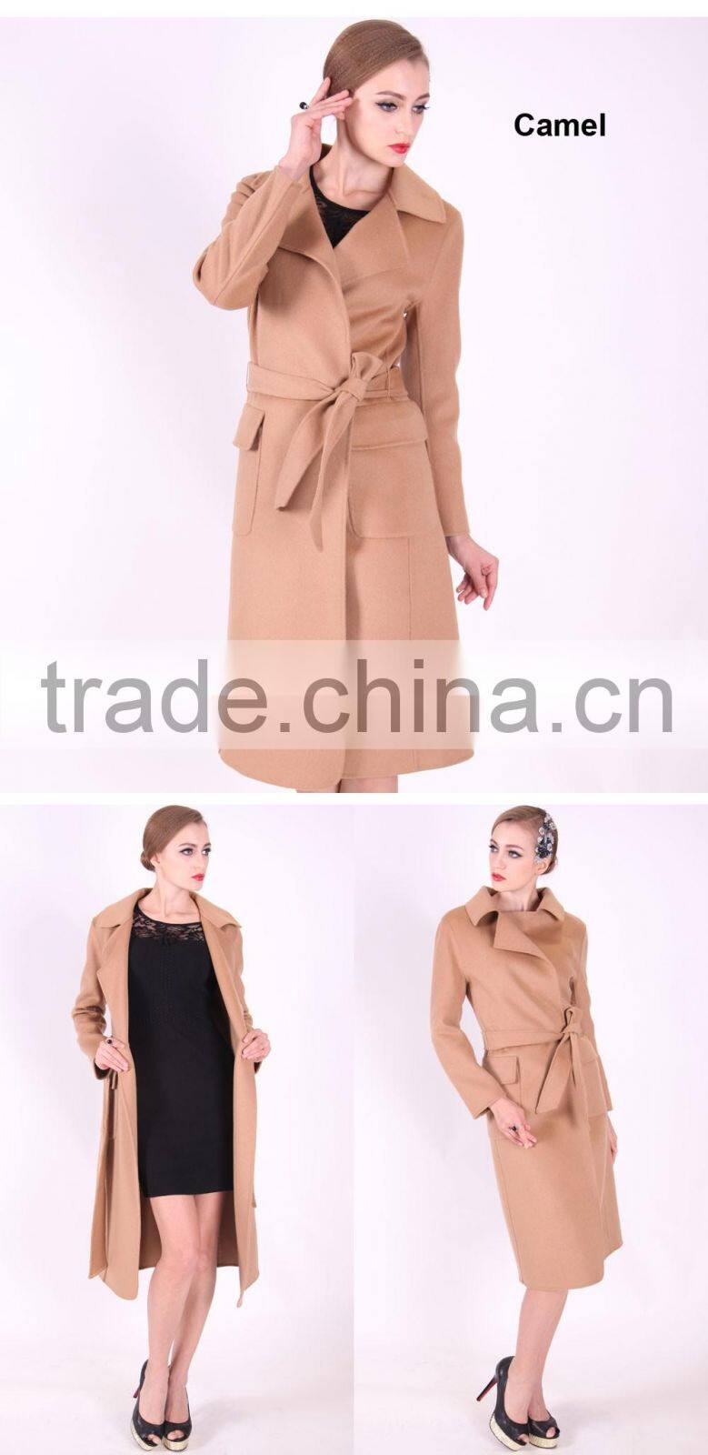 2016 New Design Fashion Women Length Slim Fit Wool Coat With Belt