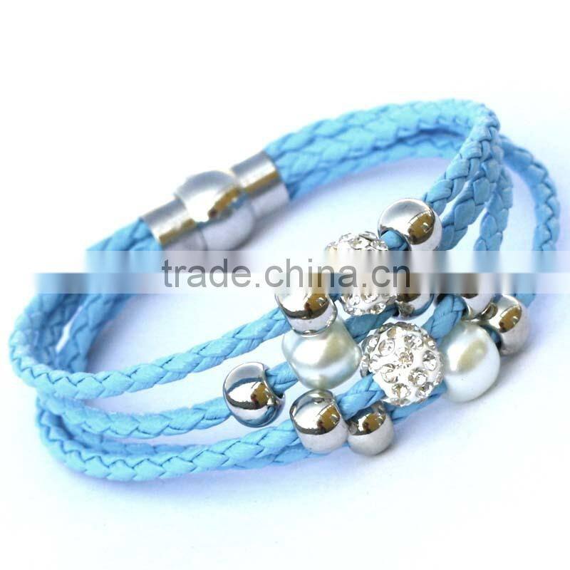 Lady PU Leather Cuff Wrap Wristband Magnetic Buckle Bracelet with Sliding Beads