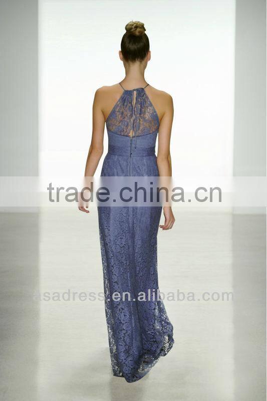 2014 New Style Halter Neckline Skirt and Lace Appliqued All Overly Turquoise Bridesmaid Dress (BDAM-4010)