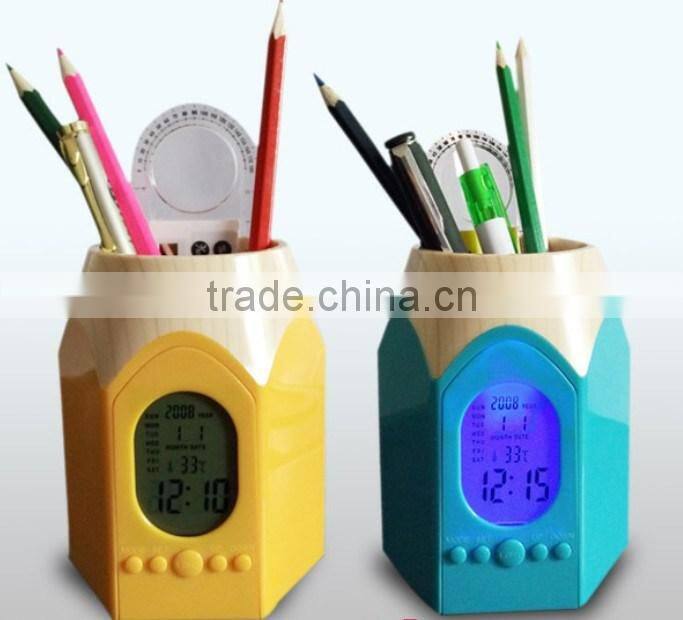hot sale cheap digital led color change wooden pen holder clock