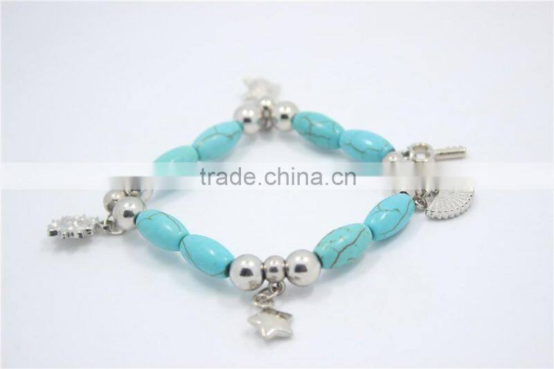 Chuncky Tribal Stretch Bracelet in Turquoise &Silver Shell Key Star Antique Silver Charm Bohemian Gypsy Bracelet