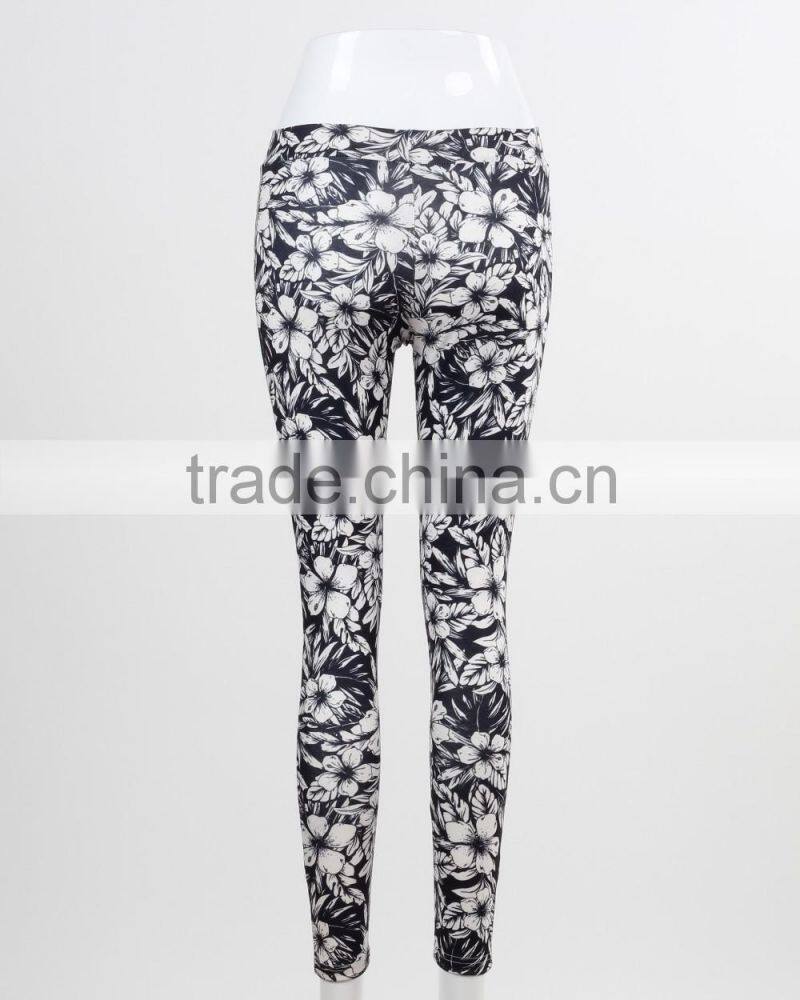 F5W30062 Monochrome Floral Printed Leggings Women Sportwear Pants