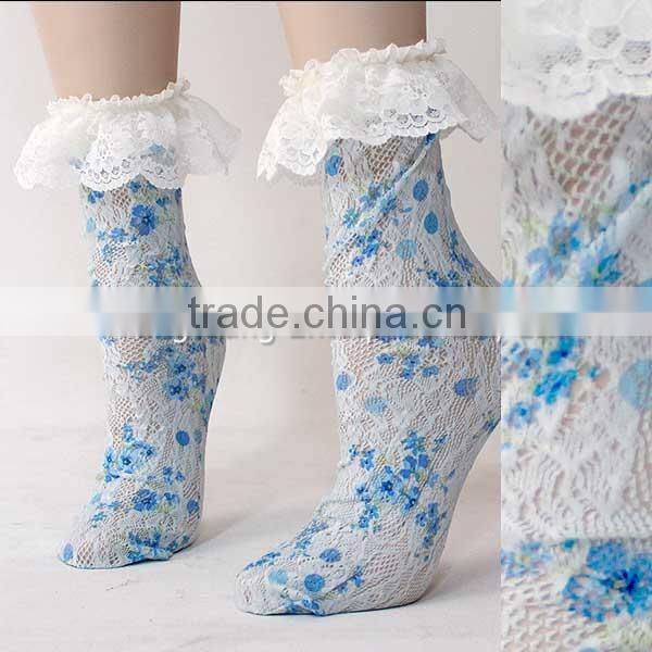Roller printing women blue floret ruffle lace socks