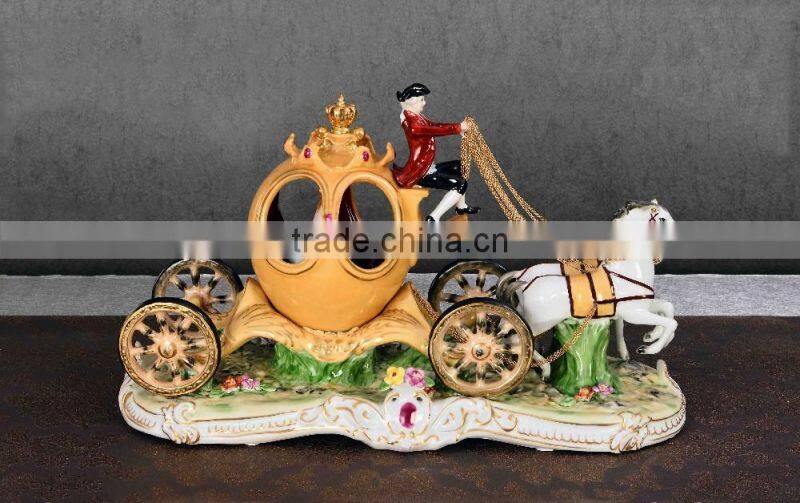Porcelain hand painted four wheels royal horse-drawn cart figurine