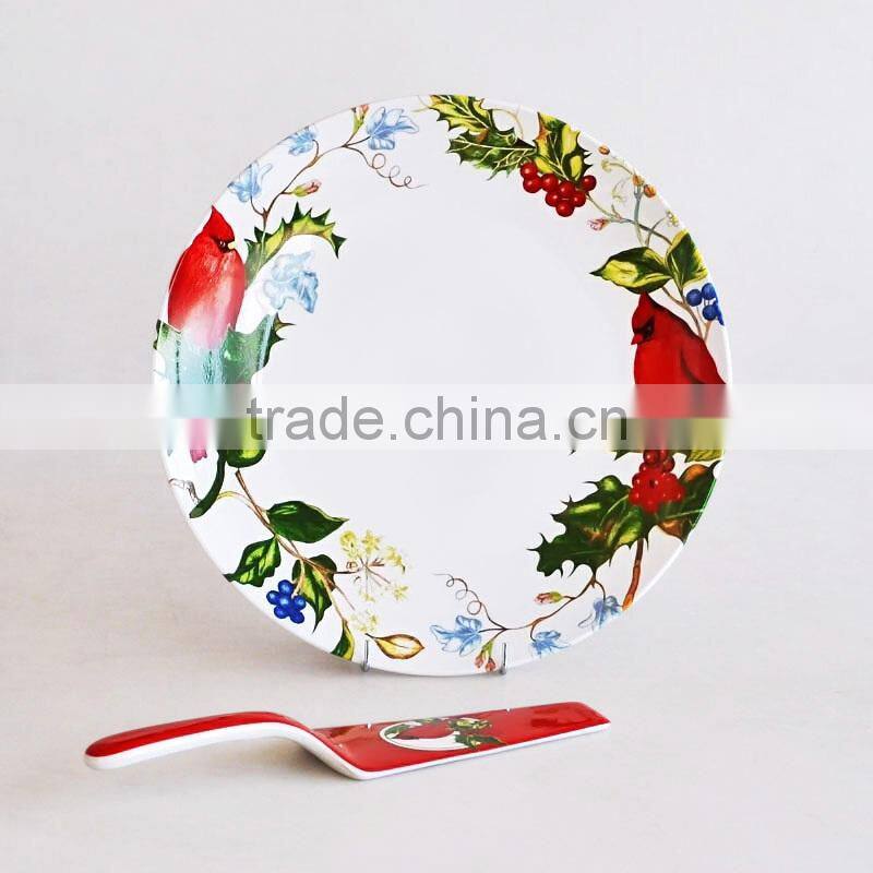 Round Shape Ceramic Cake Plate with Server with Beautiful Decal Printing