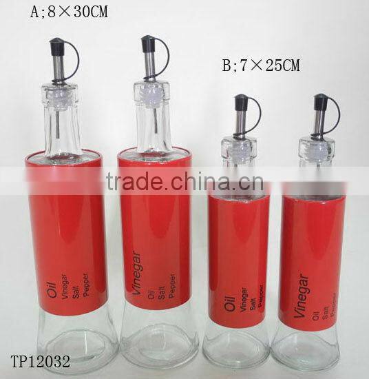 metal coating cylinder glass oil vinegar bottle with design