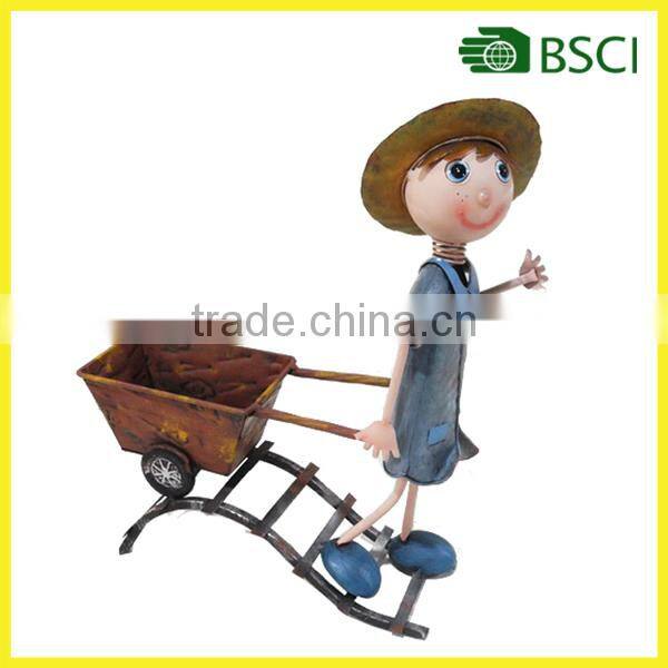 Garden deco boy cart design wrought iron metal flower pot