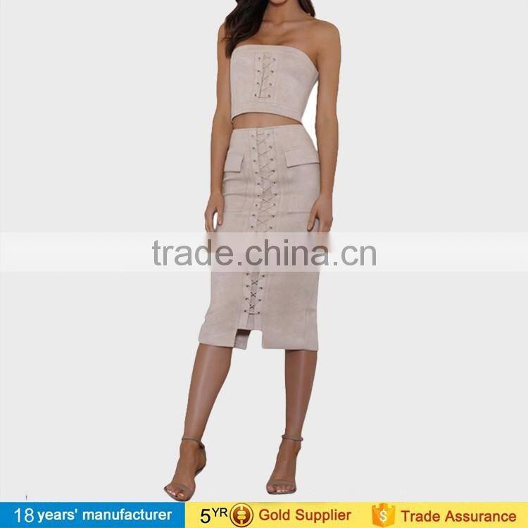 2017 fashion women lace up suede two piece skirts and crop top set bodycon dresses pictures of long skirts and tops