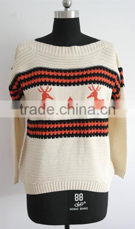 fashion girl crew neck chirtmas sweater with deer knitting pattern