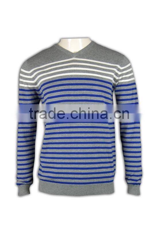 ISO9001/BSCI Manufature blue v-neck striped design wool sweater