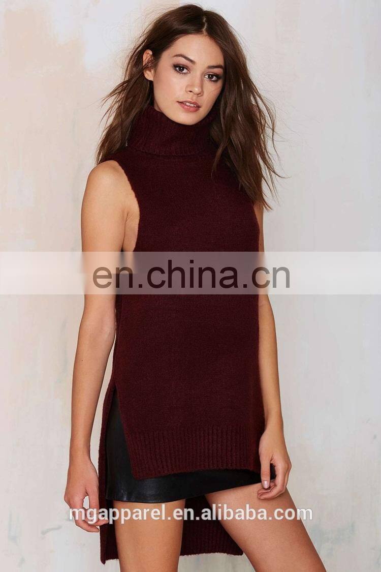 Sexy Burgundy Side Slits Asymmetric Turtleneck Sweater Sleeveless Sweater OEM