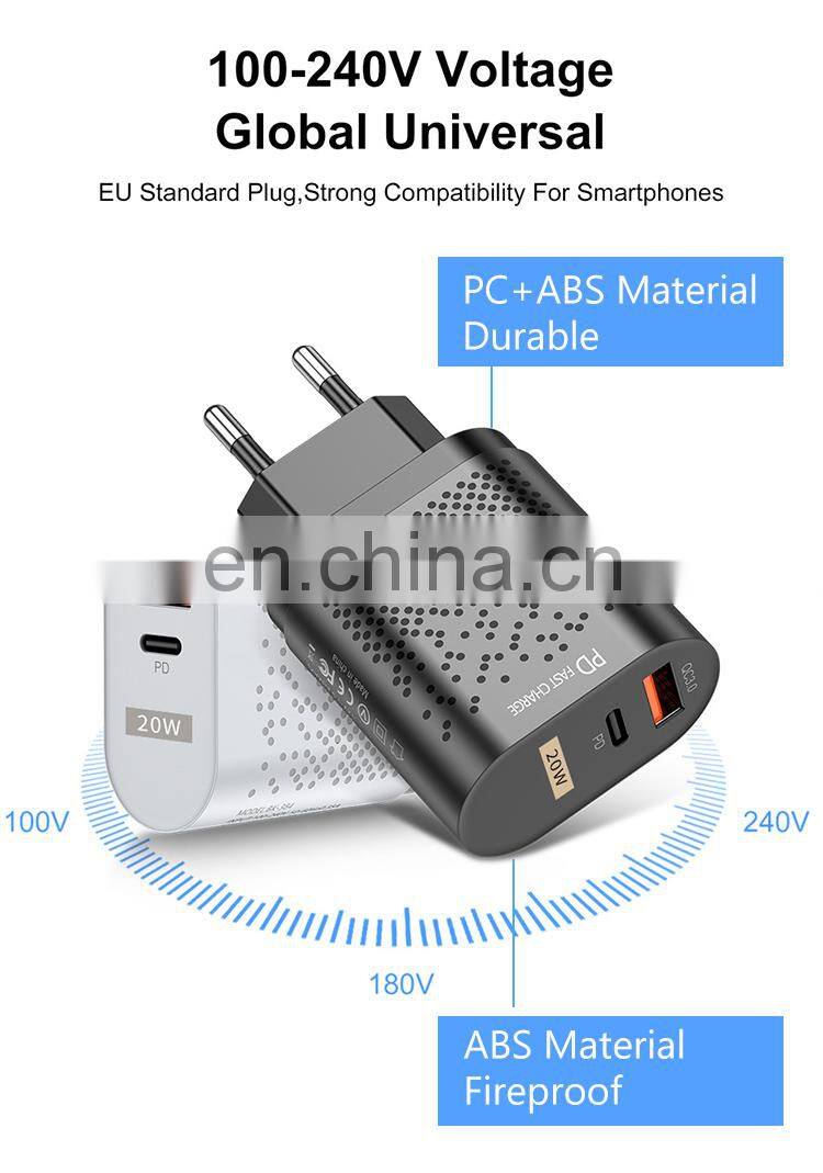 Manufacture Dual Ports Fast Rapid Charging 20w EU UK US Plug Charger Type C QC3.0 20W Usb-c Wall Adapter Pd Charger Usb C 20w