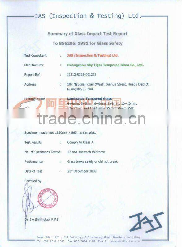 opaque laminated glass(BS6206,AS/BZS2208,EN12150)