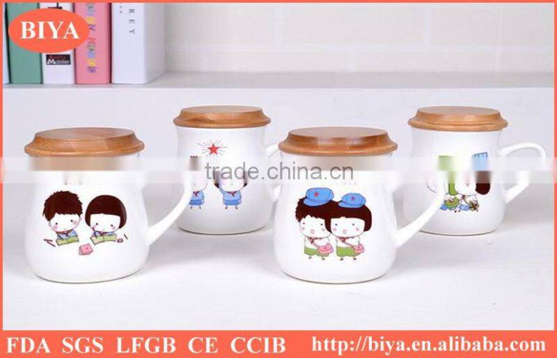 wooden mug ceramic cup with decal printing coffee mug ceramic cup with wooden lid and handles cheap mug
