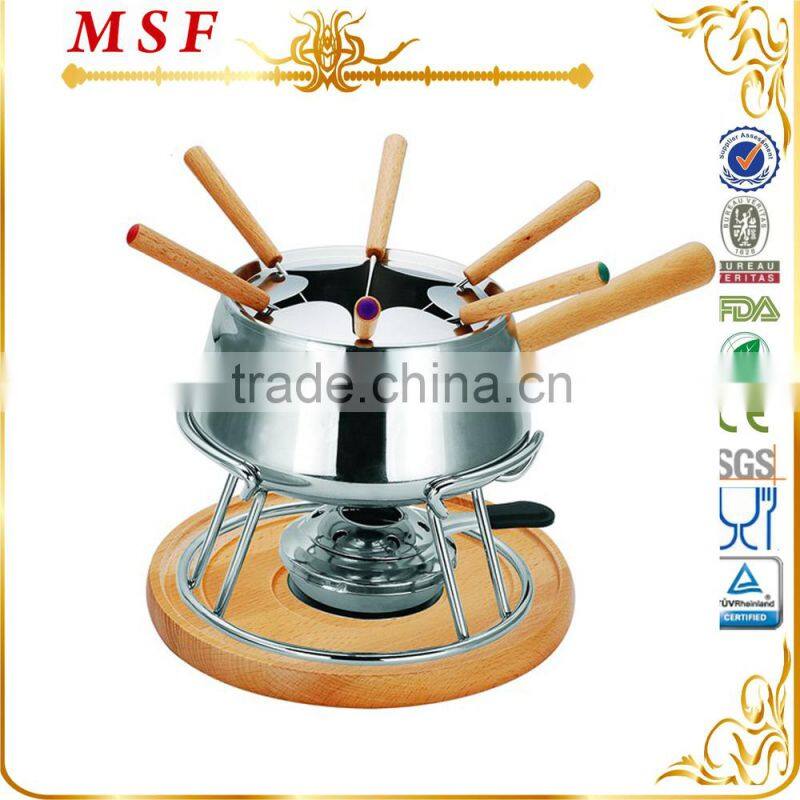 MSF-3565 Nice cheese & chocolate fondue set fancy wooden handle of pot & forks stay cool handles
