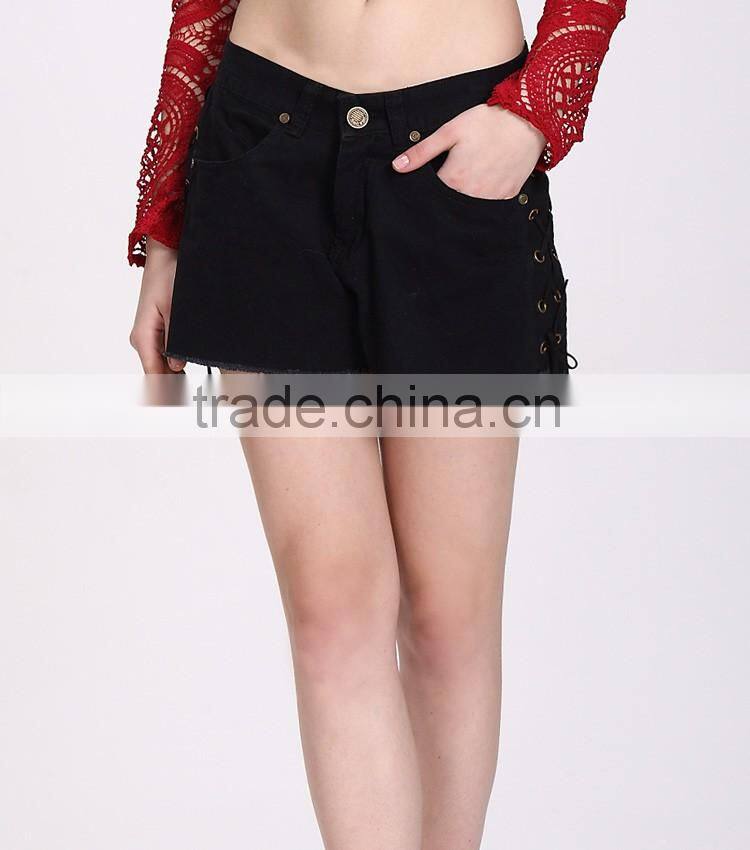 Hot Fashion Women High Waist Side Rivets Denim Jeans Shorts Casual Trousers