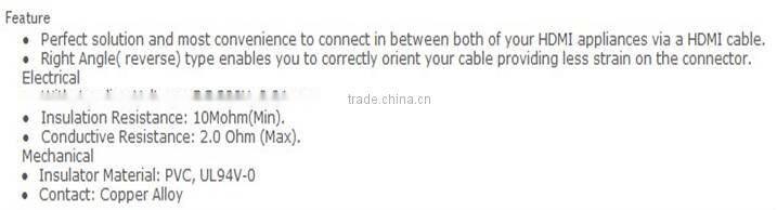 High quality hdmi female to hdmi male right angle adapter