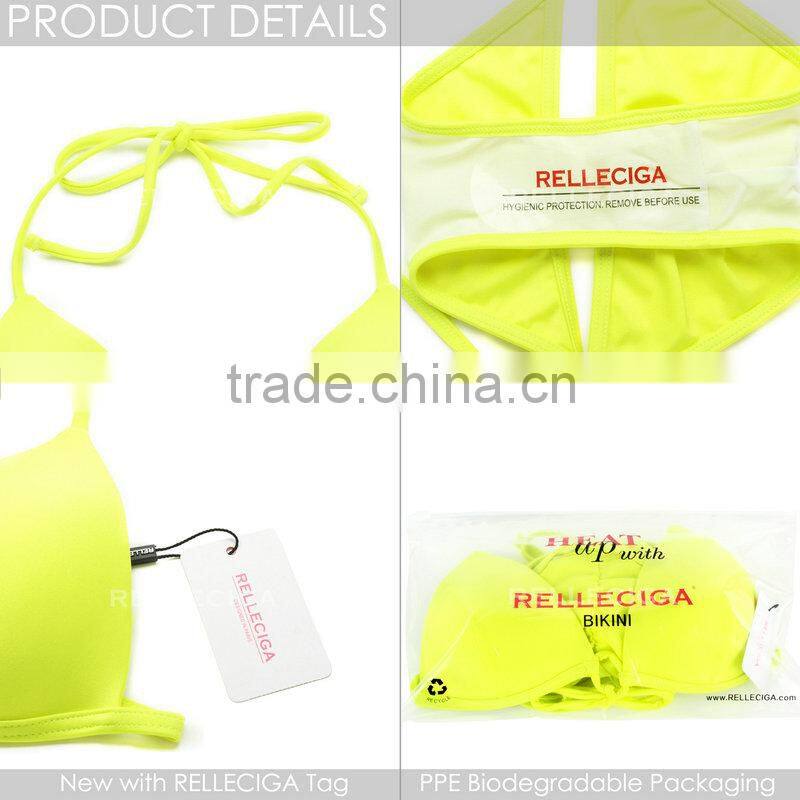 2016 RELLECIGA Neon Yellow Push-up Triangle Top Swimwear with Adjustable Halter Strap & Brazilian Cut Scr